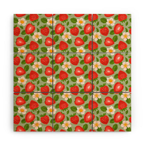 Jessica Molina Strawberry Pattern on Mint Wood Wall Mural