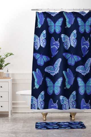 Jessica Molina Texas Butterflies Blue on Navy Shower Curtain And Mat