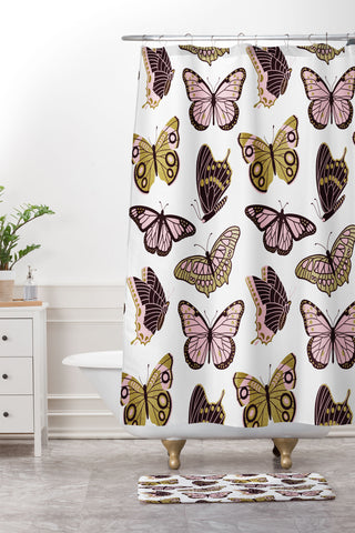 Jessica Molina Texas Butterflies Blush and Gold Shower Curtain And Mat