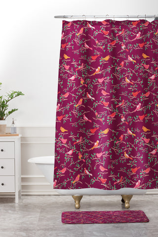 Joy Laforme Sweet Songbird In Deep Pinks Shower Curtain And Mat