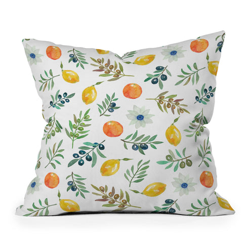 Julia Madoka Lemon Orange and Olive Mediterranean Outdoor Throw Pillow