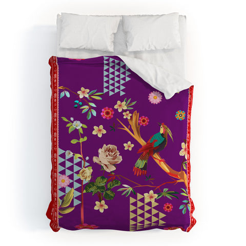 Juliana Curi Purple Oriental Bird Duvet Cover