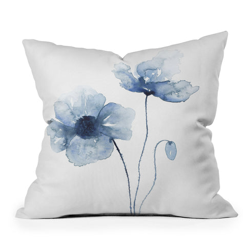 Kris Kivu Blue Watercolor Poppies 1 Outdoor Throw Pillow