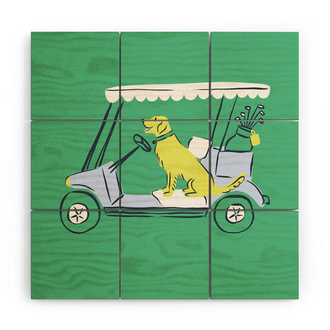 KrissyMast Golf Cart Golden Retriever Wood Wall Mural