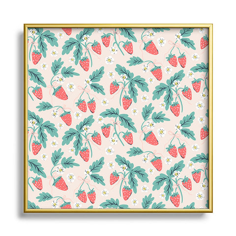 KrissyMast Strawberries with Flowers Square Metal Framed Art Print