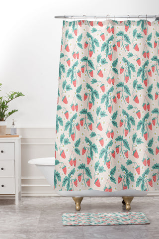 KrissyMast Strawberries with Flowers Shower Curtain And Mat