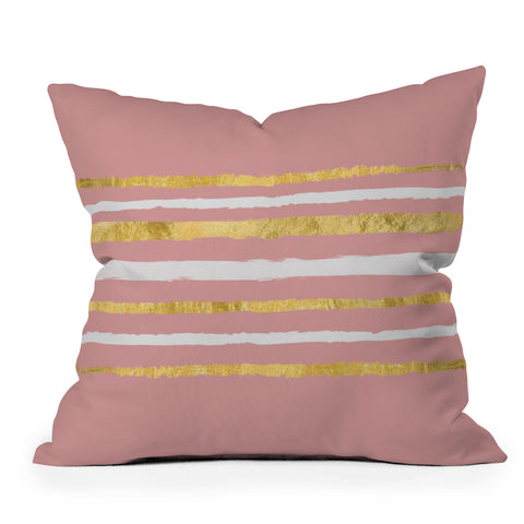 Lara Kulpa Gold and White Stripe on Blush Outdoor Throw Pillow