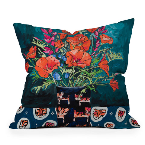 Lara Lee Meintjes California Summer Bouquet Oranges and Lily Blossoms in Blue and White Urn Outdoor Throw Pillow