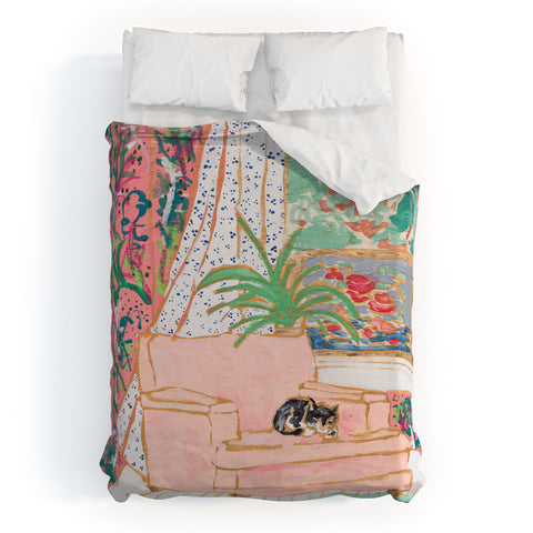 Lara Lee Meintjes Catnap Tuxedo Cat Napping in Chair by the Window Duvet Cover