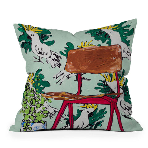 Lara Lee Meintjes School Chair and Mint Cockatoo Wallpaper Outdoor Throw Pillow