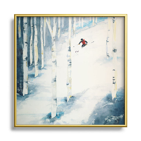 Laura Trevey Snow Skiing Square Metal Framed Art Print