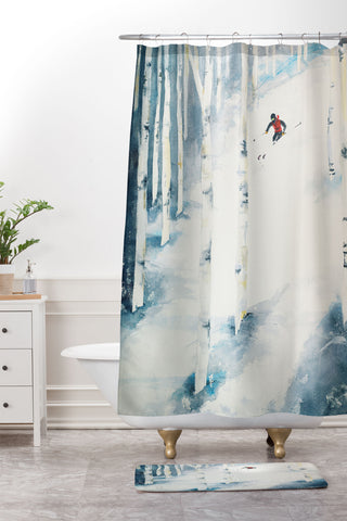 Laura Trevey Snow Skiing Shower Curtain And Mat