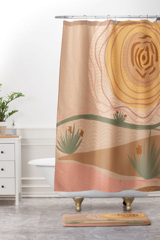 Leeya Makes Noise Rosy Sun and Hills Shower Curtain And Mat