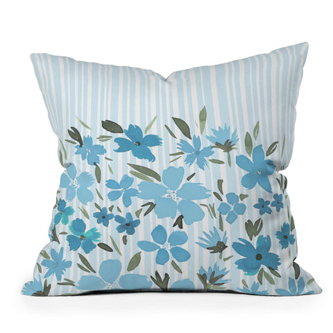 Lisa Argyropoulos Spring Floral And Stripes Blue Mist Outdoor Throw Pillow