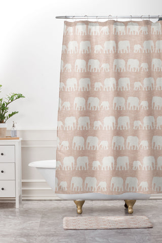 Little Arrow Design Co elephants marching dusty pink Shower Curtain And Mat