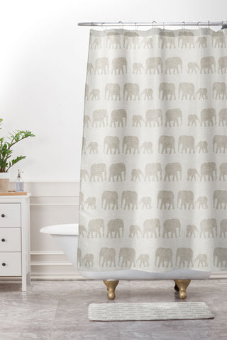 Little Arrow Design Co elephants marching khaki Shower Curtain And Mat