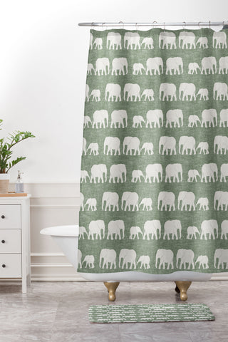 Little Arrow Design Co elephants marching sage Shower Curtain And Mat