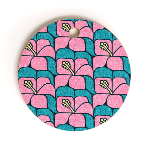Little Arrow Design Co geometric hibiscus pink teal Cutting Board Round