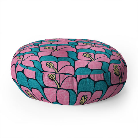 Little Arrow Design Co geometric hibiscus pink teal Floor Pillow Round