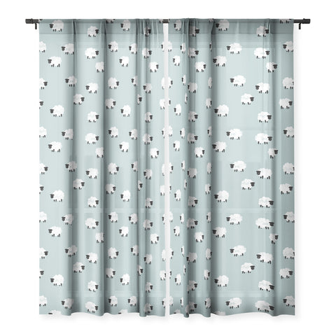 Little Arrow Design Co sheep on dusty blue Sheer Window Curtain