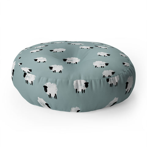 Little Arrow Design Co sheep on dusty blue Floor Pillow Round