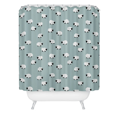 Little Arrow Design Co sheep on dusty blue Shower Curtain