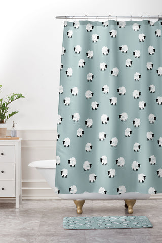 Little Arrow Design Co sheep on dusty blue Shower Curtain And Mat