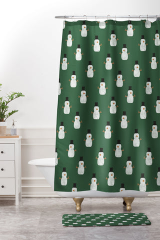 Little Arrow Design Co simple snowmen dark green Shower Curtain And Mat