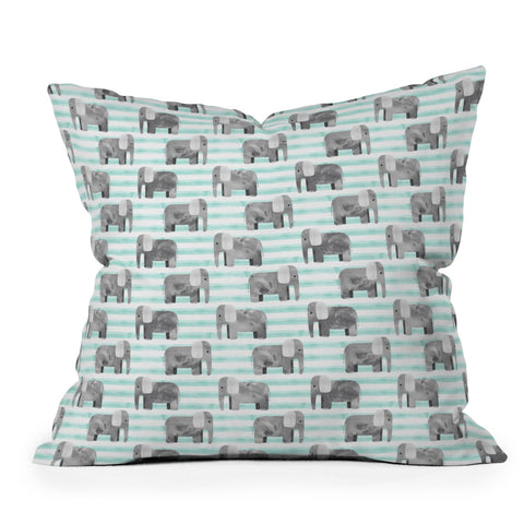 Little Arrow Design Co watercolor elephants on blue stripes Outdoor Throw Pillow
