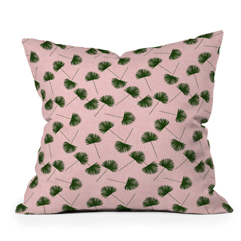 Little Arrow Design Co Woven Fan Palm Green on Pink Outdoor Throw Pillow