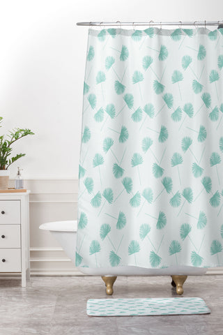 Little Arrow Design Co Woven Fan Palm in Teal Shower Curtain And Mat