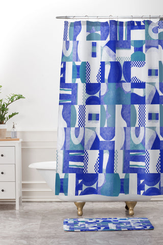 Little Dean Geometrical collage in blue shades Shower Curtain And Mat