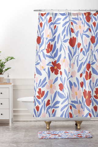 LouBruzzoni Blue and Orange vibrant bold flowers Shower Curtain And Mat