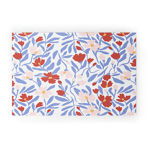 LouBruzzoni Blue and Orange vibrant bold flowers Welcome Mat