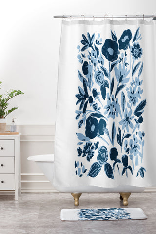 LouBruzzoni Blue monochrome artsy wildflowers Shower Curtain And Mat