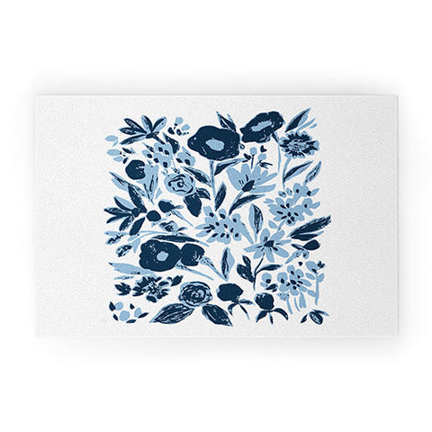 LouBruzzoni Blue monochrome artsy wildflowers Welcome Mat