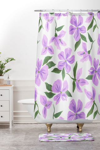 LouBruzzoni Lilac gouache flowers Shower Curtain And Mat