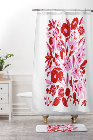 LouBruzzoni Red and pink artsy flowers Shower Curtain And Mat