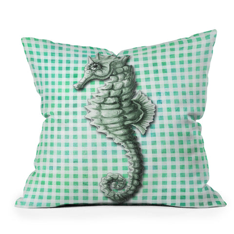 Madart Inc. Green Seahorse Gingham Pattern Outdoor Throw Pillow