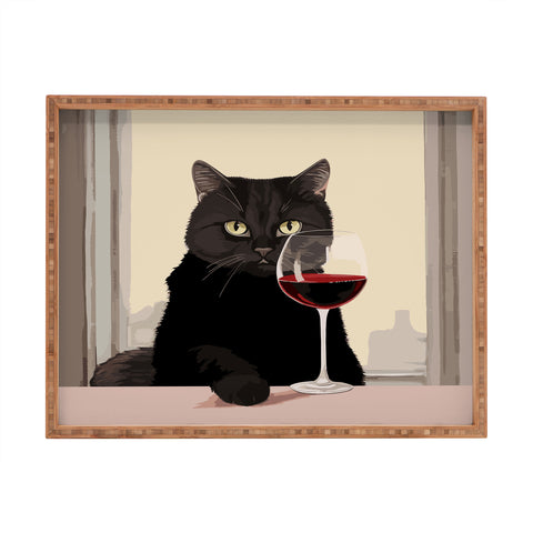 Mambo Art Studio Black Cat with Wine Rectangular Tray