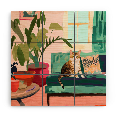 Mambo Art Studio Cat in Boho Living Room Wood Wall Mural