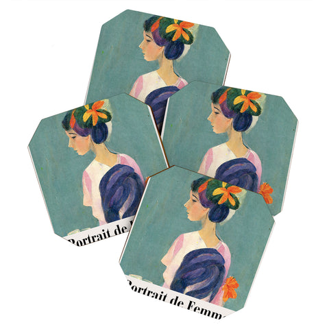 Mambo Art Studio portrait de femme flowers Coaster Set