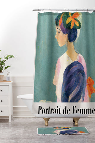 Mambo Art Studio portrait de femme flowers Shower Curtain And Mat