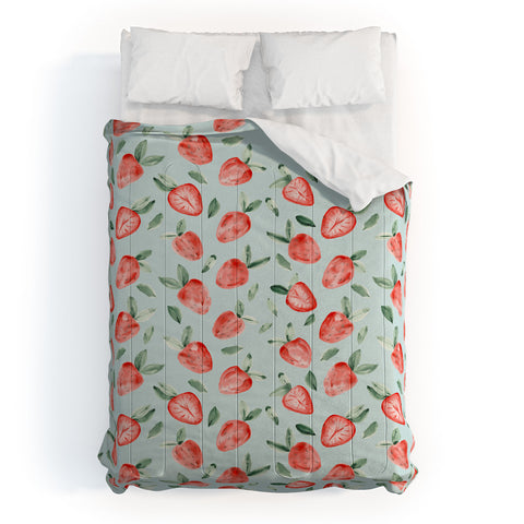 marufemia Watercolor painting strawberries blue Comforter