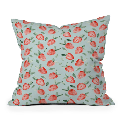 marufemia Watercolor painting strawberries blue Outdoor Throw Pillow