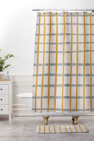 Menina Lisboa Blue Yellow Stripes Shower Curtain And Mat