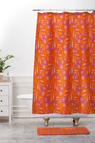 Mirimo Pink and Purple Floral Orange Shower Curtain And Mat