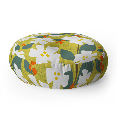 Mirimo White flowers and red berries Floor Pillow Round