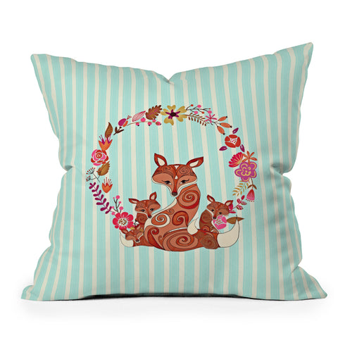 Monika Strigel Fox And Flowers And Blue Stripes Outdoor Throw Pillow