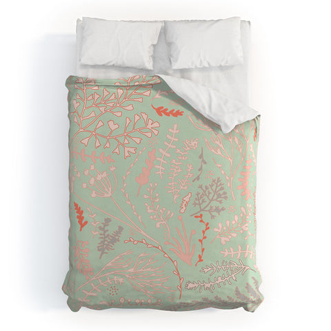 Monika Strigel HERBS AND FERNS GREEN AND CORAL Duvet Cover